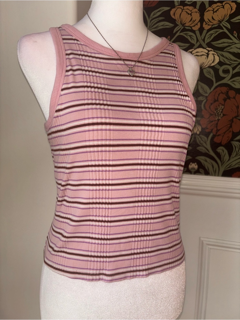 PINK Striped Ribbed Tank Top Built-In Bra Y2K Preppy - Picture 4 of 10